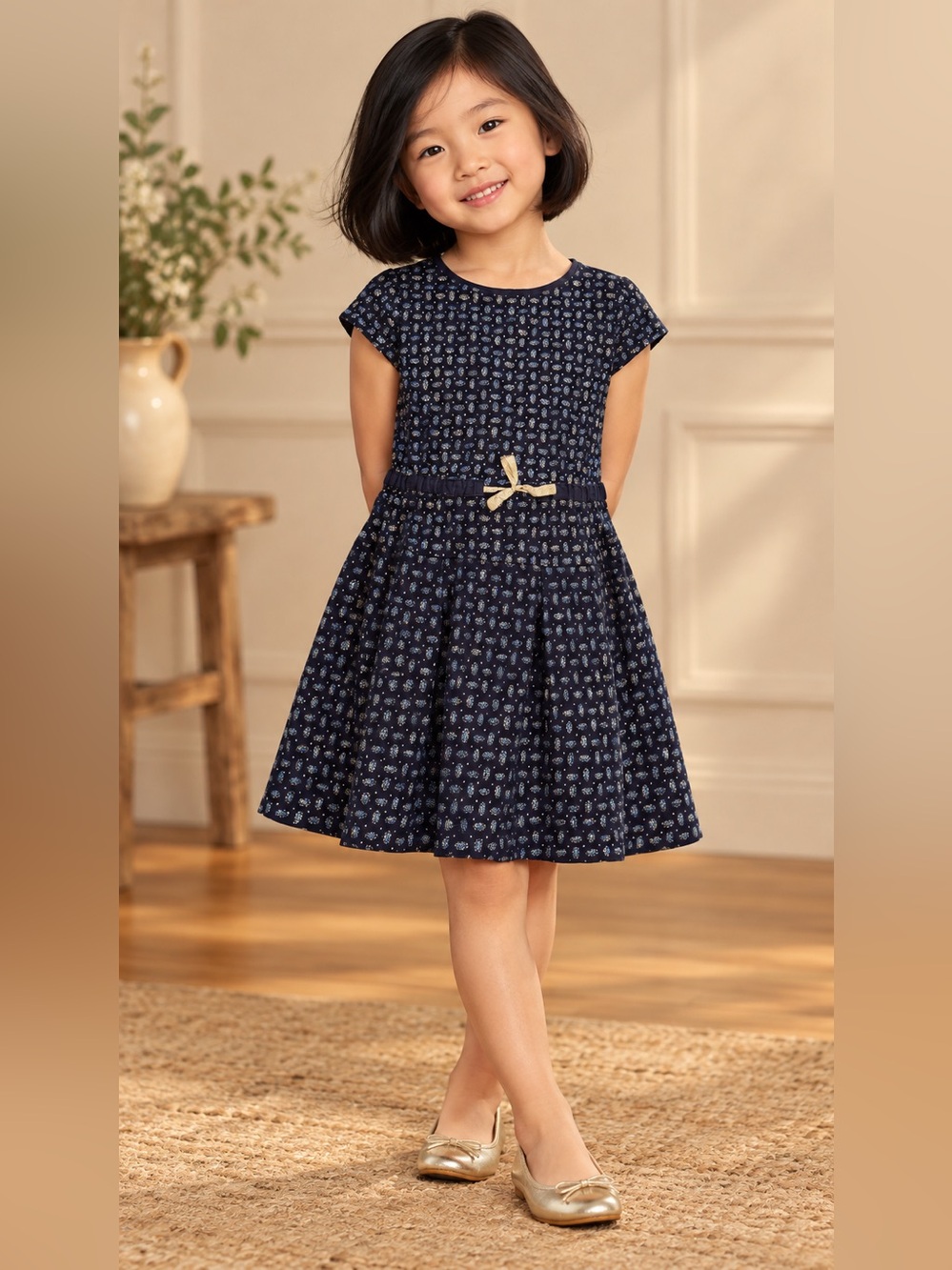 Crewcuts Girls Size 5 Navy Printed Dress with Gold Waist Ribbon